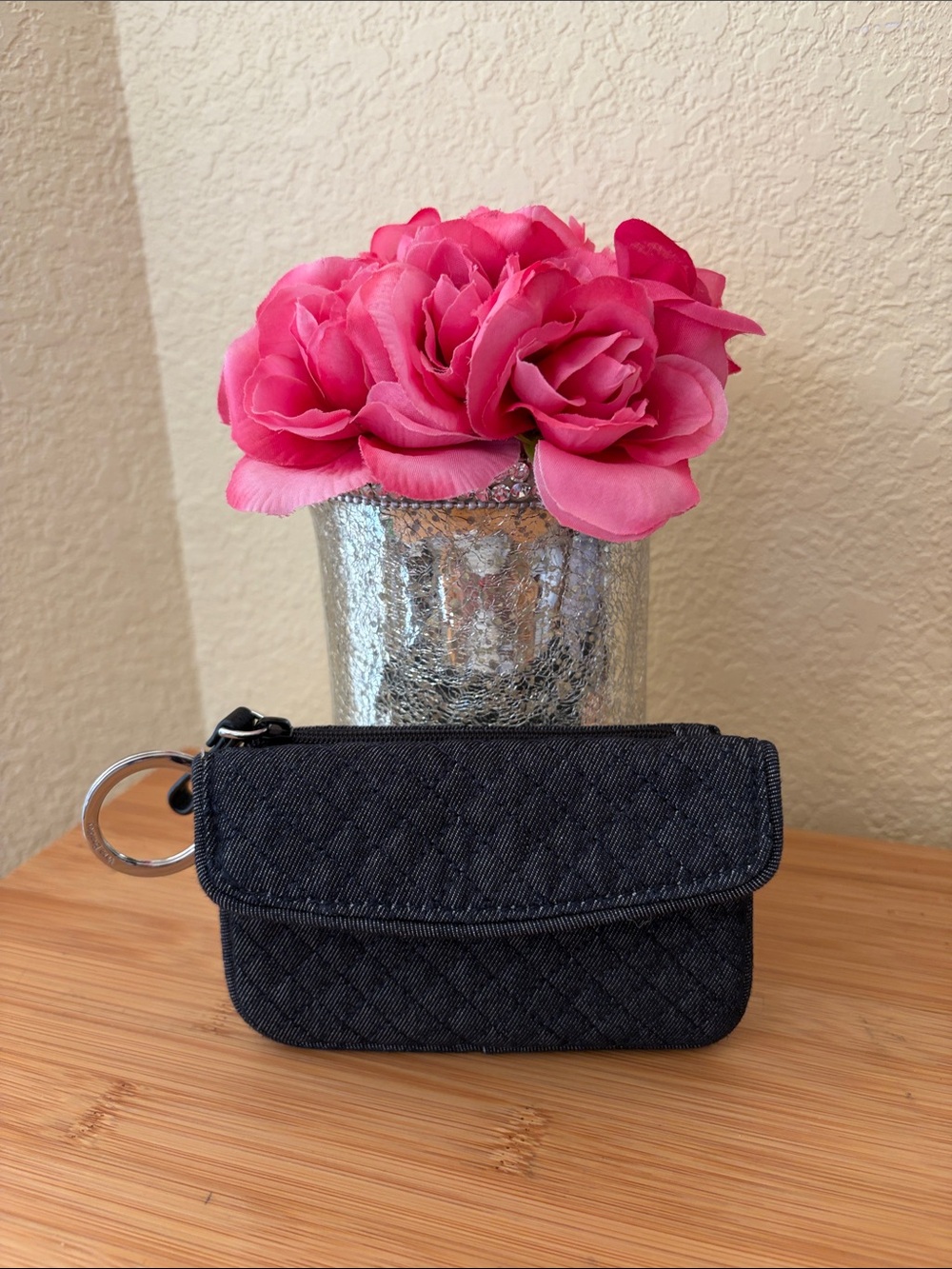 Vera Bradley Black Floral ID Coin Pouch with Pink Accents - Picture 3 of 10